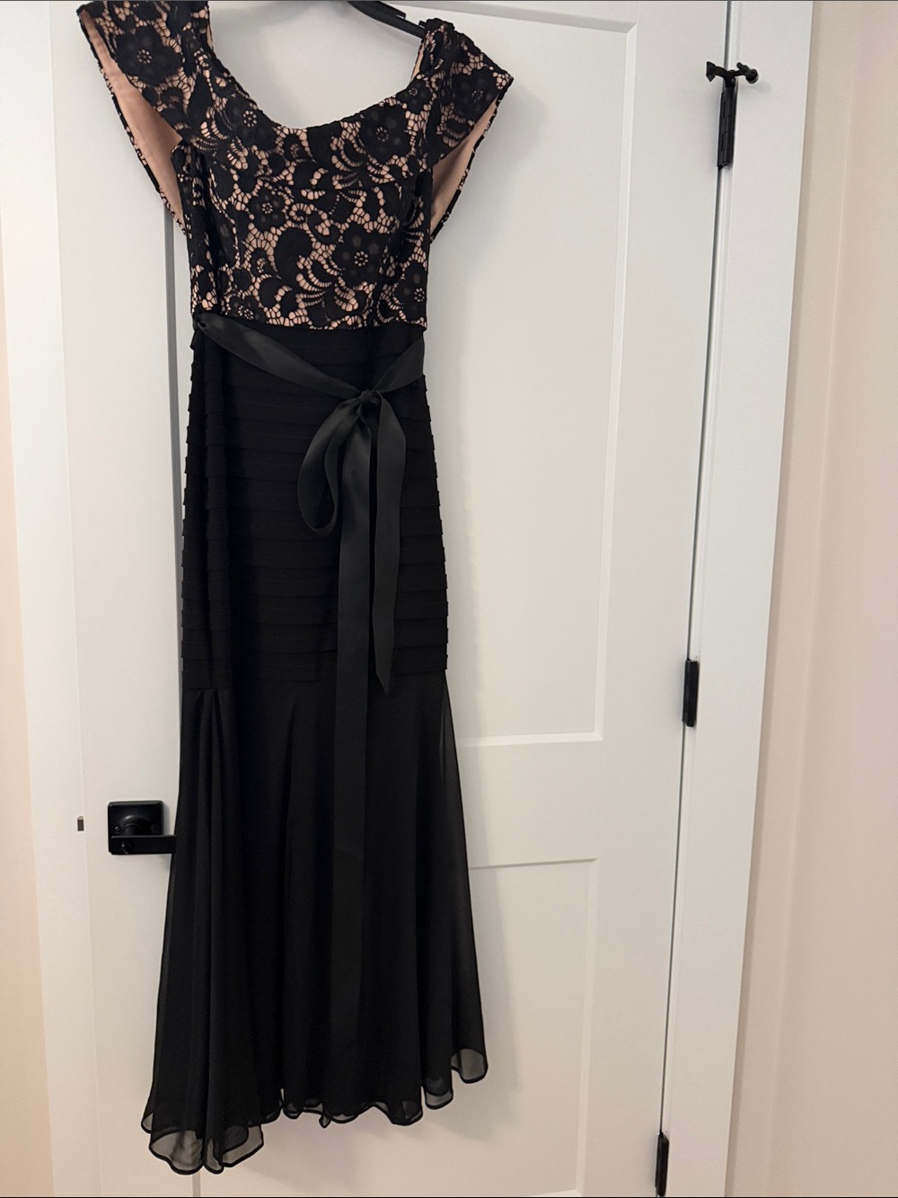 Betsy & Adam Black Lace Bodice Maxi Dress with Nude Lining